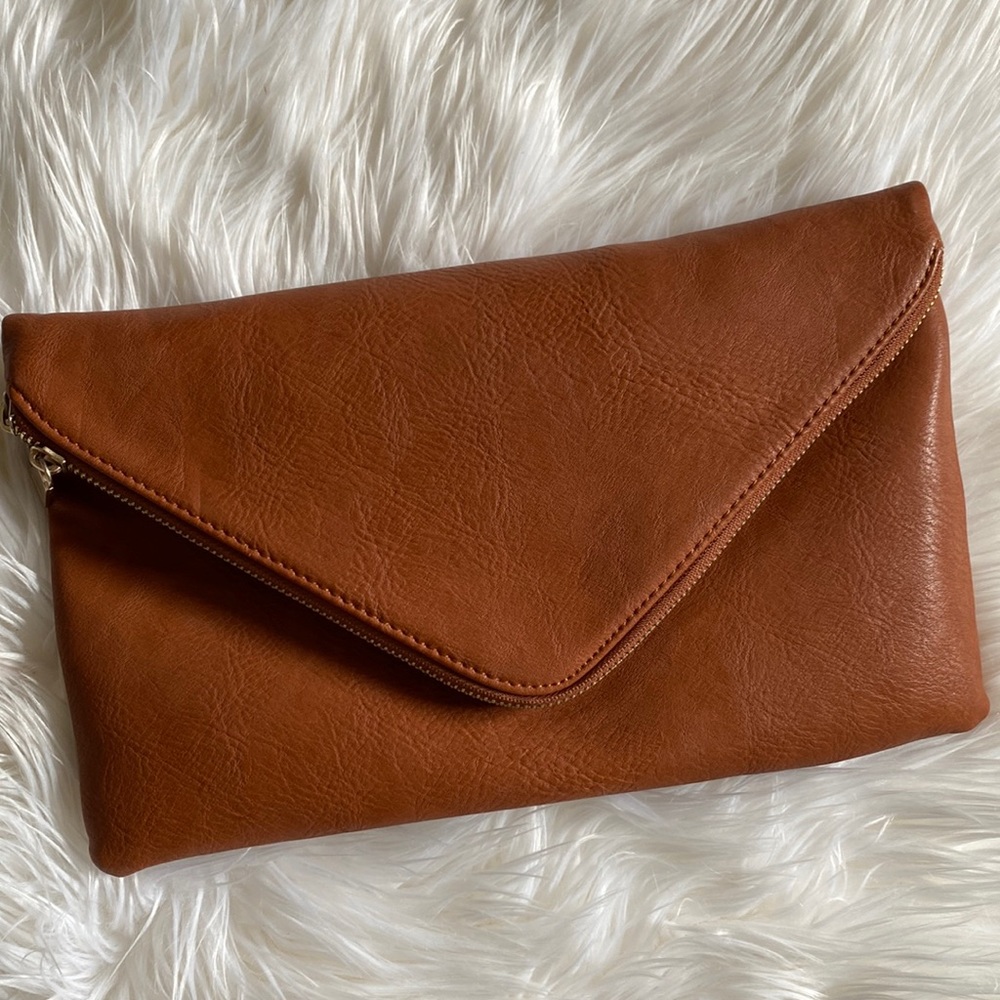 Cognac faux leather clutch with removable chain strap